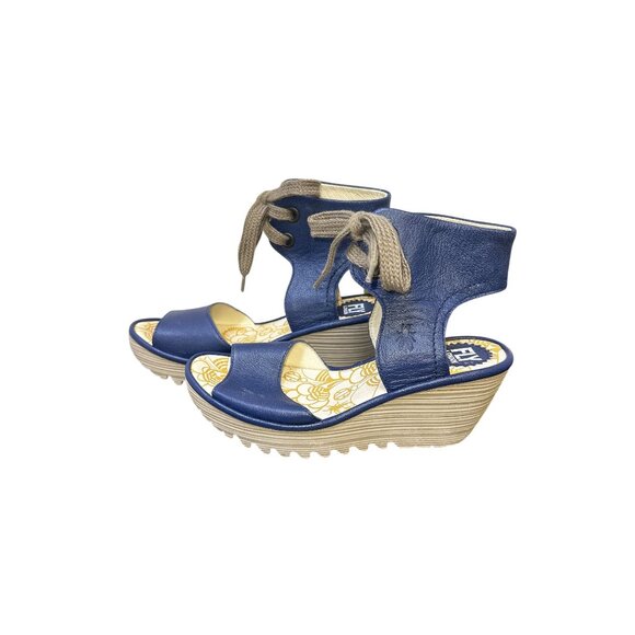 NWT Fly London Blue Leather Lace-Up Wedge Sandals Size 8.5 - Picture 4 of 8